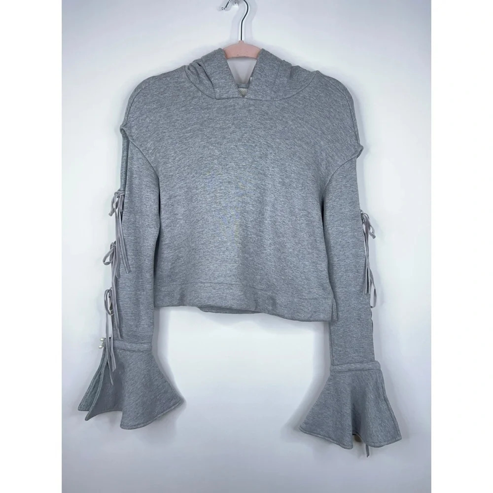 Jonathan Simkhai Pearl Detail Tie Sleeve Hoodie Gray Cropped Flared Cuffs Small